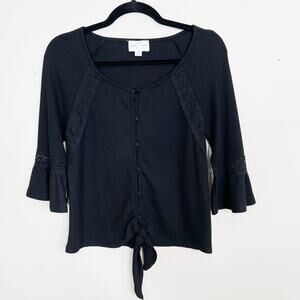 Jun & Ivy Black Button Down Tie Front Tee Waffle Texture XSmall XS Ruffle Sleeve